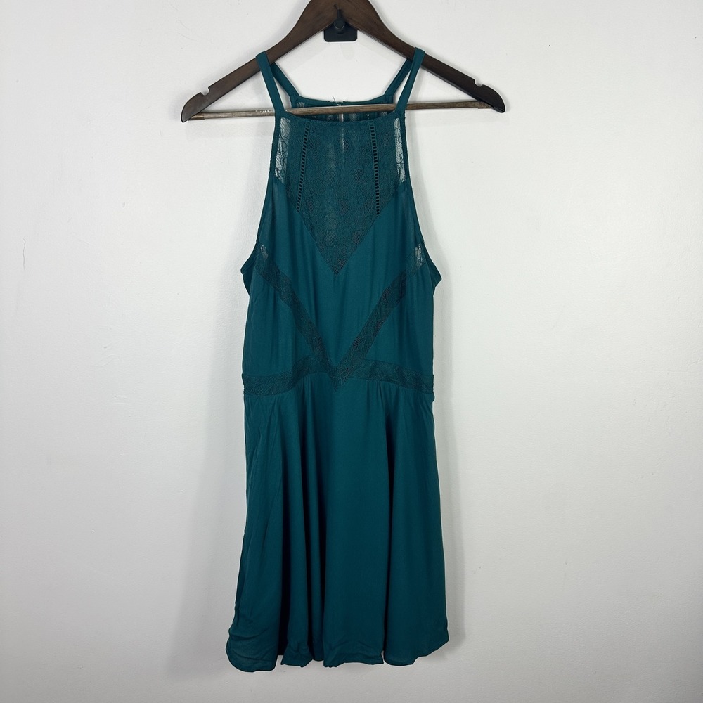 Kendall & Kylie Lace Trim Halter Dress Womens Medium Teal Green Boho Mini
